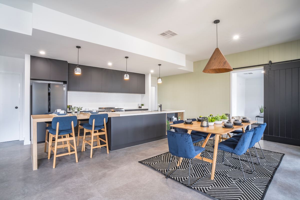 The Rosella - kitchen- black kitchen- Alatalo Bros- display home-dining room-Avalon Park